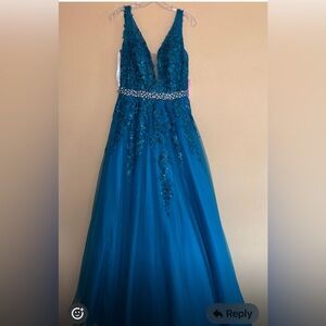 Jovani Ball Gown Turquoise Prom Dress/ Silver Beaded Waist & Floral Embroidery